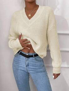 EURMUSE Cổ v Thả vai Áo len - Màu be - Xem 5