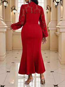 Fleurora Autumn And Winter Elegant Commuting Office Party Cocktail Party Concert/Music Festival Red Knitted Stand Collar Mermaid Bishop Sleeve Contrast Lace Plus Size Dresses/Christmas