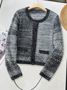 Franclia Women's Casual Button-Up Contrast Trim Round Neck Cardigan, Autumn/Winter - Black - View 1