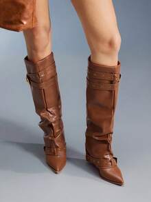 CUCCOO GRLICON Women's Brown Pointed Toe Chunky Heel Knee-High Boots With Criss-Cross Strap & Buckle Decor, Suitable For Party, Christmas, Halloween, Y2K Style