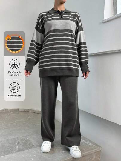 EURMUSE 2pcs/set Stripe & Printed Loose Casual Sweater Set