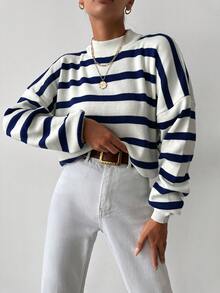 EURMUSE Women's Loose Fit Oversized Striped Long Sleeve Knit Sweater, Autumn/Winter - Navy Blue - View 3