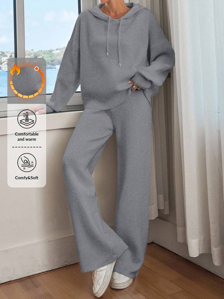 EURMUSE Conjunto de sudadera con capucha de hombros caídos y pantalones de unicolor para mujer - Gris - Ver 1