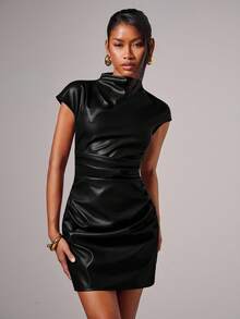 COSMINA 女士纯色立领短袖优雅PU褶皱迷你连衣裙 黑色 - 黑色 - 查看 7
