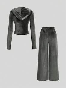 Sweetra Women's Autumn/Winter New Fashion Sporty Casual 2 Pieces Set, Olive Green Velvet Hooded Zip-Up Long Sleeve Jacket & Elastic Waist Wide Leg Straight Pants Suit - Olive Green - View 2