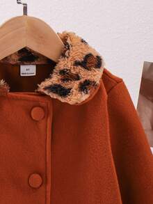 Young Girls Cute Leopard Print Bow Decor Hat Paired With Plush Collar Brown Thick Long Sleeve Autumn/Winter Fashion Snap Button Jacket - Coffee Brown - View 3