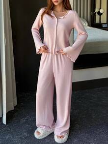 DAZY Women's Simple Brushed Knit Pajama Set, Winter - Pink - View 5