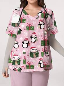 PopScrub Plus Size Women Christmas Penguin & Gift Print V-Neck Short Sleeve Scrub Uniform Top - Multicolor - View 3