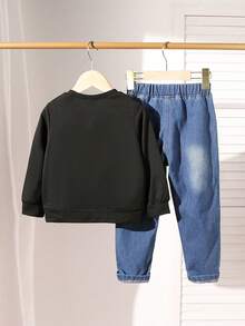 2pcs Young Boys Casual Fashionable Minimalist Paris & Cross Graphic Black Crew Neck Long Sleeve Sweatshirt And Denim Jeans Outfit, Fall Clothing - Black - View 2
