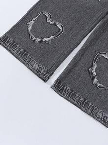 SHEIN ChillGRL 2 件套青少年女孩甜美数字印花套头衫上衣和心形蝴蝶结印花牛仔效果休闲裤套装，适合学校、校园、秋季