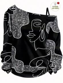 EMERY ROSE Plus Size Women Abstract Face Print Oblique Shoulder Long Sleeve T-Shirt, Casual & Minimalist - Silver - View 1
