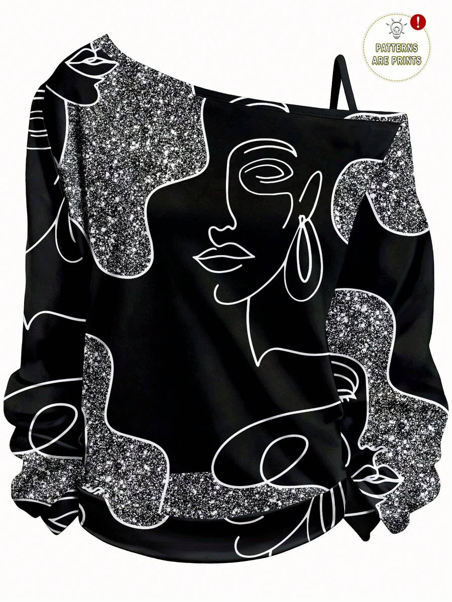 EMERY ROSE Plus Size Women Abstract Face Print Oblique Shoulder Long Sleeve T-Shirt, Casual & Minimalist - Silver - View 1