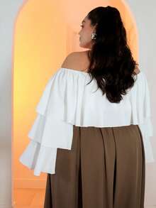 Pretty and Ole Open Shoulder Ruffle Trim Women Long Sleeve Square Collar Blouse, Elegant Going Out Top - White - View 2