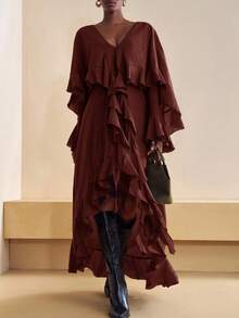 Zivah 2025 秋季新款浪漫休闲度假纯绿色宽松 V 领长袖荷叶边女士长裙，适合度假、波西米亚风、外出装、约会夜装女士、旅行装机场、荷叶边-A - 紅木色 - 查看 1