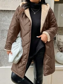 EMERY ROSE Plus Size Winter Clothes Casual Hooded Thermal Lined Padded Padded Coat - Brown - View 4