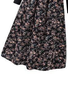 少女优雅花卉拼布针织罗纹圆领长袖 A 字中长连衣裙，秋冬保暖 - 黑色 - 查看 6