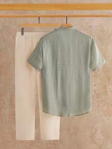 Manfinity VCAY Men's Simple Solid Color Front Button Short Sleeve Shirt And Pants Set, Summer - Multicolor - View 2