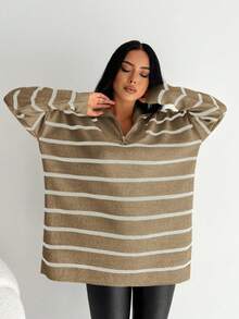 EURMUSE Striped Pattern Zipper Front Drop Shoulder Sweater - Brown - View 5