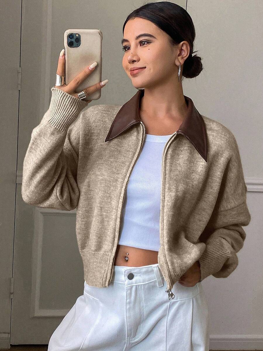 DAZY Contrast Color Collar Loose Long Sleeve Double Zipper Front Cardigan Sweater For Women, Spring Y2k - Khaki - View 1