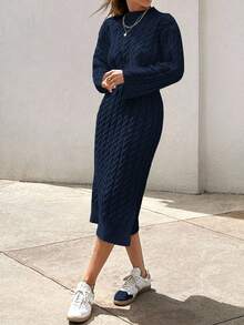 EURMUSE Women's Knitwear Long Dress With Cable Pattern - Navy Blue - View 4