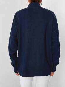 EURMUSE Women's Casual Solid Color Dropped Shoulder Turtleneck Sweater, Winter - Navy Blue - View 2