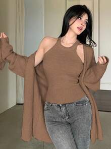 DAZY 2pcs Women's Elegant Solid Color Camisole Cardigan Sweater Set, Autumn