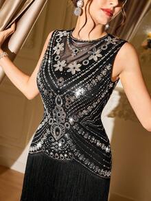 Vintamour 女士时尚亮片流苏下摆无袖连衣裙，适合派对、夏季 - 黑色 - 查看 5