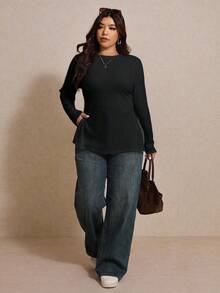 Elaquor Plus Size Casual Solid Color Side Slit Long Sleeve T-Shirt/Winter - Black - View 4