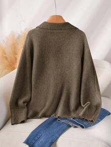 CosyJoli Große Größen einfarbiger Pullover mit Umlegekragen, Langarm - Braun - Übersicht 2