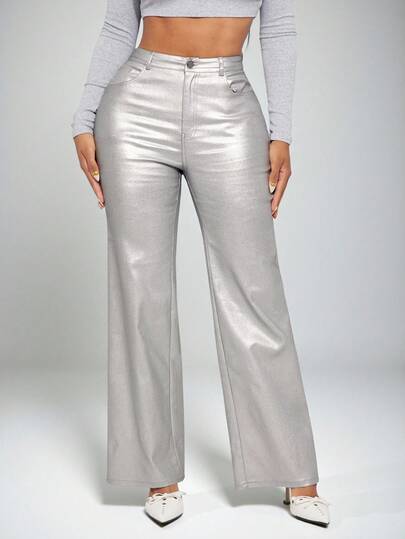 Radiana Women's Fashion Metallic Silver Low Waist Wide Leg Flare Pants, Suitable For Party/Club Silver Pants High Waisted Pants