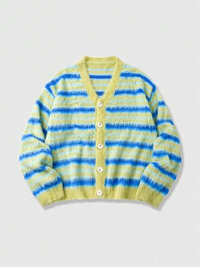 Men's Striped Long Sleeve Single-Breasted Casual Knit Cardigan, Autumn/Winter