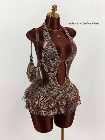 Amplova Plus Size Women Vintage Tiger Stripe Jumpsuit Leopard Print