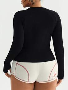 SHEIN Dewbera Plus Size Women's Solid Color Long Sleeve Zip-Up Collar Sports Jacket - Black - View 3