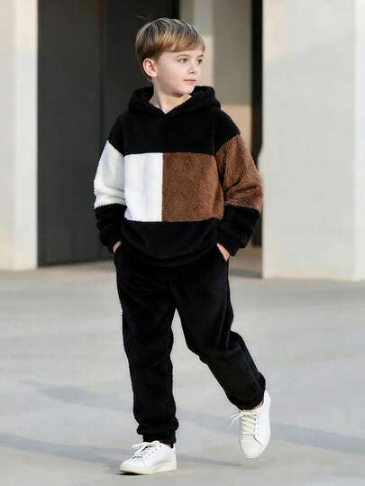 SHEIN 2pcs/Set Tween Boy Casual Plush Hooded Patchwork Long Sleeve Top And Drawstring Pants Knit Tracksuit, Suitable For Commuting, School, Daily Casual, College, Sports, Autumn/Winter