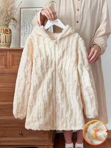 Vintaside Kids Girls' Long Sleeve Hooded Fashionable Double-Sided Jacquard Plush Jacket, Suitable For Outdoor Travel, Providing Sufficient Cold Protection, Stylish And Practical, Ensuring Warmth And Fashion During Winter Exploration - Beige - View 3
