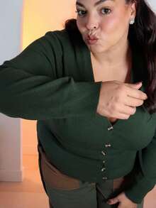 Pretty and Ole Women Plus Size Casual All-Match Solid Color Cardigan, Versatile, Winter Fall - Army Green - View 3