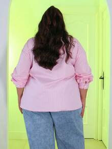 Pretty and Ole Plus Size Women's French Style Striped Embroidered Heart Shirt Fall Cloth For Women - Pink - View 2