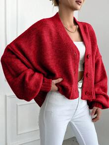 EURMUSE Women's Solid Color Drop Shoulder Long Sleeve Single-Breasted Knitted Cardigan, Autumn/Winter - Red - View 5