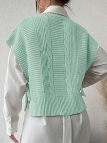 EURMUSE Women Casual Versatile Solid Color Side Slit Tie Front Knit Vest - Mint Green - View 2