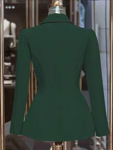 Franclia 通勤时尚百搭束腰双排扣金属纽扣撞色饰边卡其色女式西装外套，优雅春秋季外套，商务休闲装，漂亮女士西装外套 - 墨綠色 - 查看 2