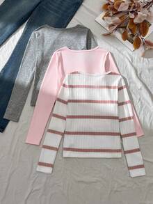 3pcs/Set Tween Girls Casual All-Match Versatile Ribbed Crew Neck Ribbed Long Sleeve T-Shirts, Autumn/Winter - Multicolor - View 2