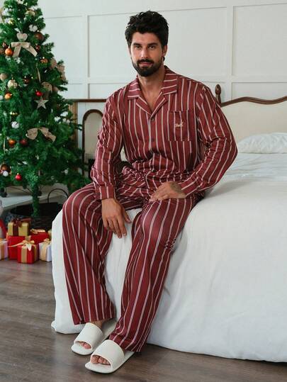 DAZY Koszula w paski w kolorze bordowym z haftowanymi literami, w zestawie z męskim kompletem wypoczynkowym, jesień/zima, Nowy Rok, Boże Narodzenie