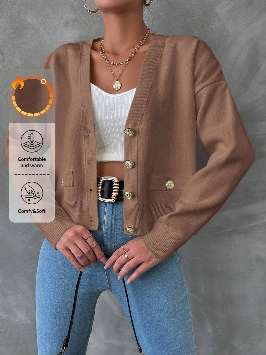 EURMUSE Women's Solid Color Drop Shoulder Cardigan With Open Front - Brown - View 1
