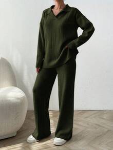EURMUSE 2pcs Solid Color Ribbed Polo Collar Loose Knit Sweaters - Army Green - View 4