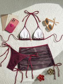 Swim Mod Bộ đồ bơi cho nữ Shell Decor Halter Bra & Quần bơi & Váy che phủ Bikini, Đồ bơi đi biển mùa hè - Màu đỏ tím - Xem 2