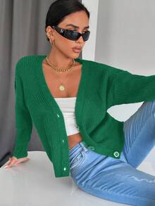 RueChic Drop Shoulder Button Front Cardigan - Olive Green - View 5