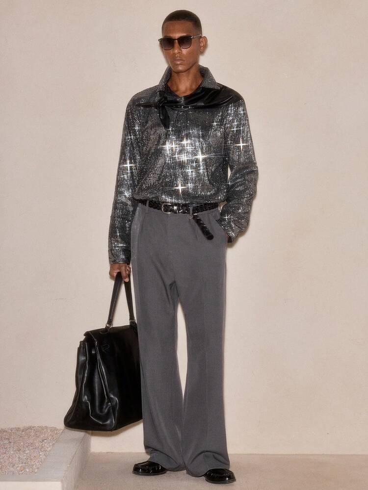 Chemise ample à manches longues et simple boutonnage en velours pailleté pour hommes