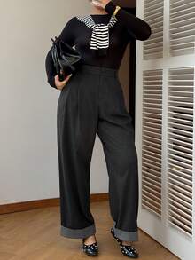 Dazy Plus Plus Size Women's Contrast Color Block Striped Hem Casual Loose Straight Leg Pants - Black - View 6