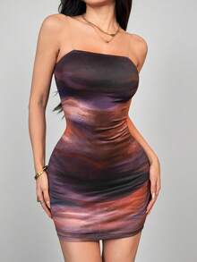 SHEIN PETITE Robe d'été décontractée, élégante et sexy avec un motif abstrait brun café. Robe moulante bandeau à imprimé intégral, idéale pour l'été, les vacances et les soirées chics. - Tabac - Voir 3