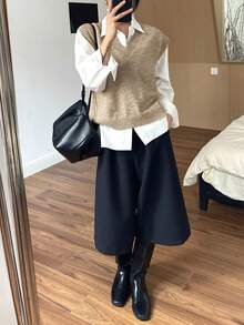 DAZY 女式休闲纯色V领毛衣背心，秋季 - 卡其色 - 查看 7